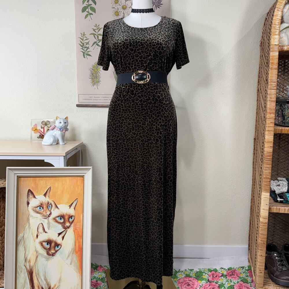 Vintage 90s Y2k Leopard Print Velvet Maxi Dress Sexy Dark Romantic Mob Wife L